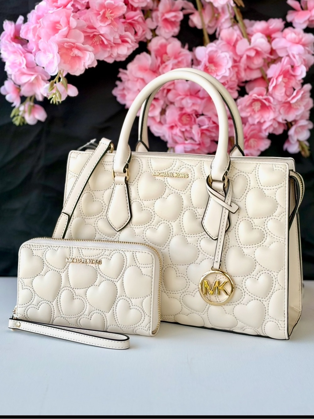 Michael Kors Cream Quilted Heart Satchel and Wristlet Set